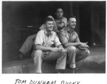 Flyers at barracks, in India or Burma. During WWII.  Tom Dunham, Bucky Fiske, Sully Sullivan, Charley Myrick, and Wayne Craven.  22nd Bombardment Squadron, in the CBI.