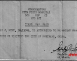 A pass for Douglas J. Runk to be absent from the 27th Field Hospital (where he had been recuperating from illness) to visit the city of Kweiyang (Guiyang), China. During WWII.