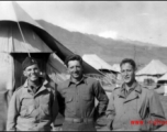Douglas Runk (center) and two other GIs at an American tent camp on Burma Road in the Xiaguan/Dali area, near the outlet to Erhai Lake. During WWII.