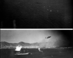 Looking back at a B-25 as it runs across Hong Kong harbor close to the deck in attack.
