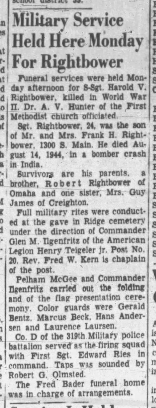 Harold V. Rightbower newspaper clipping.