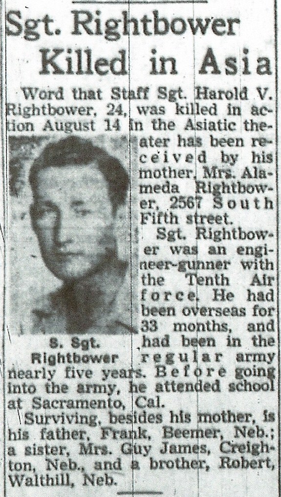 Harold V. Rightbower newspaper clipping.