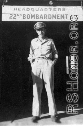 Major Weatherly standing at 22nd Bombardment Sq. HQ