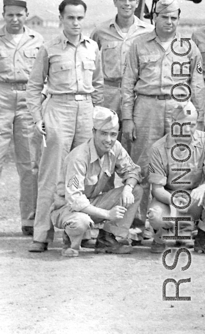 Identifiable is "Sam" Isamu S. Higurashi, Military Intelligence, trained in Japanese linguists at the Military Intelligence Service Language School (MISLS), Sec 8 (Graduated Camp Savage, Minnesota, July 1943). He was serving the US in China while his family was being held at the Minidoka War Relocation Center internment camp in Jerome County, Idaho.