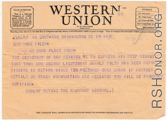 Heartbreaking telegram to Lt. Filer's family telling them that he was missing in China.