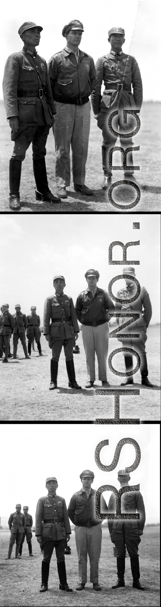 On the left: Zheng Tingji (郑庭笈), commander of the 48th Army Division (陆军第四十八师 ), posing in Yunnan.  Center: Possibly Maj Richard D. Day (李察戴), who was commander of 491st Bombardment Squadron's 19th Liaison Squadron from April 26, 1943, to Sept 1944.  Right: Unknown Chinese officer.  During WWII.