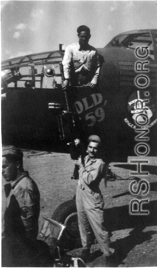 The day Old '59 left for home.  Yangkai, March (?) 1944.  Lloyd Kershaw, Eugene Montgomery, Peterson.