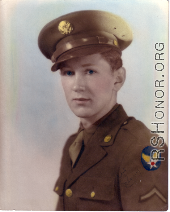 John Gerber in uniform and with Army Air Forces WWII Shoulder Patch, in hand-colored image.