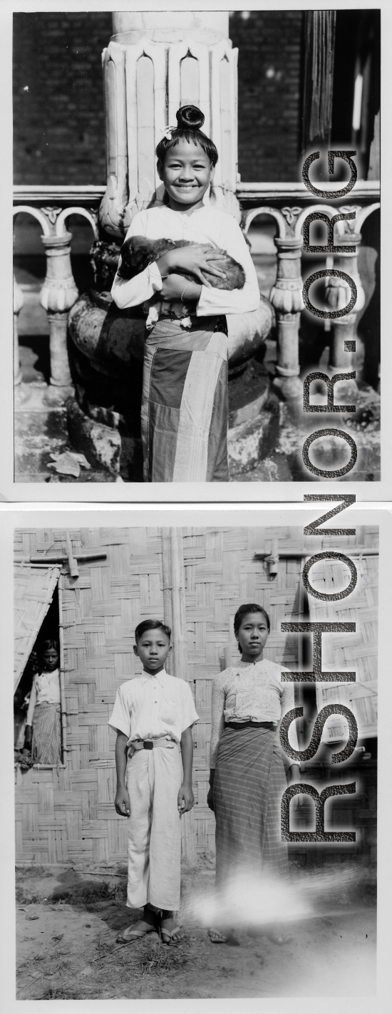 Local people in Burma near the 797th Engineer Forestry Company--A happy girl holding a  puppy; a boy and woman. In Burma.  During WWII.