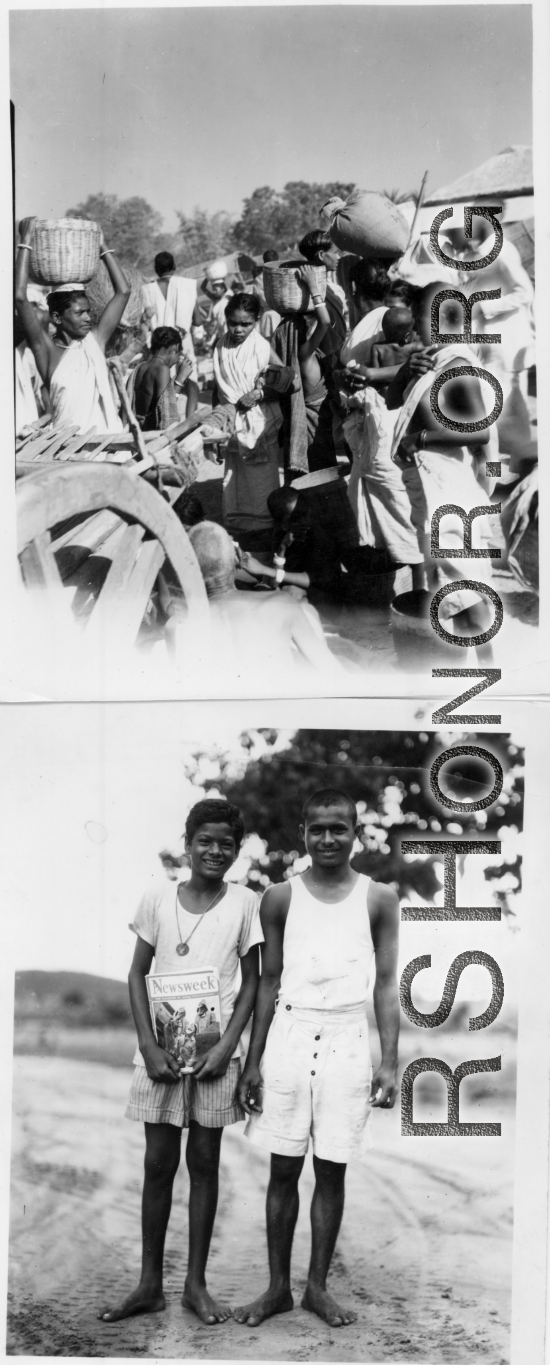 People busy loading and unloading at a market (top), and boys pose with Newsweek magazine (bottom).  Scenes in India witnessed by American GIs during WWII. For many Americans of that era, with their limited experience traveling, the everyday sights and sounds overseas were new, intriguing, and photo worthy.