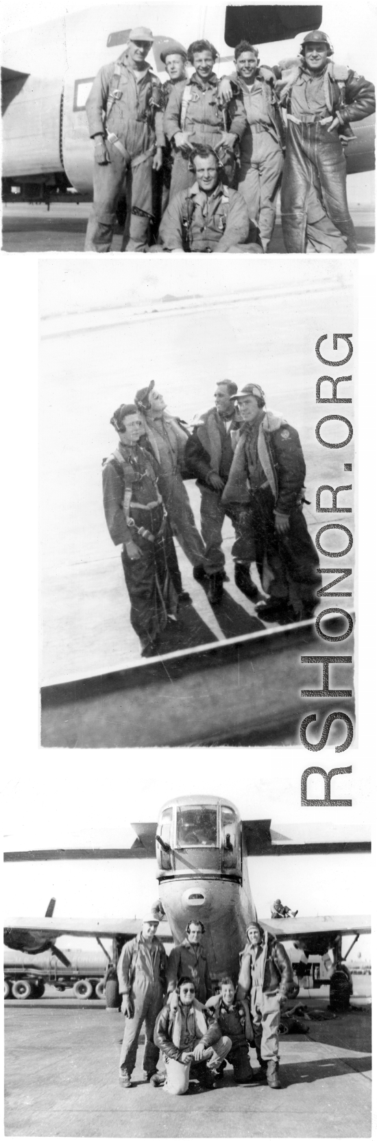 Members of Poston crew pose jovially with B-24 bomber of the 9th Bombardment Squadron, 7th Bombardment Group, 10th Air Force, on concrete of air base during WWII.