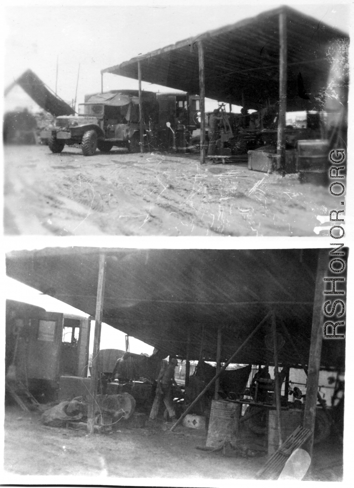 Men of the 2005th Ordnance Maintenance Company, 28th Air Depot Group, working on ordnance in a shed in Burma. During WWII.