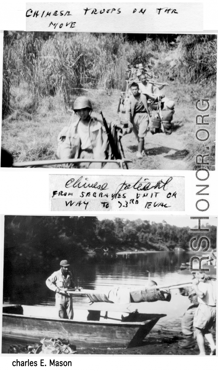 Image of Chinese troops marching on the move through the countryside, and a Chinese patient being moved from Seagraves' unit on the way to 73rd Evacuation Unit.