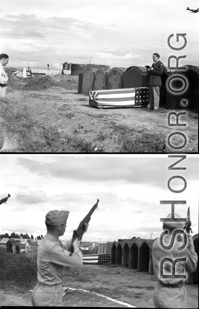 Funeral in Kunming of American killed during war time in China. Officiated by Chaplain Dwayne H. Mengel. With gun salute. Life goes on: A C-47 transport flies overhead during the ceremony.​​​​​​​​​​​​​​