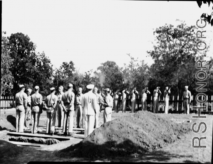 Gun salute for American GIS who had died at a temporary war-time graveyard. In the CBI, during WWII.