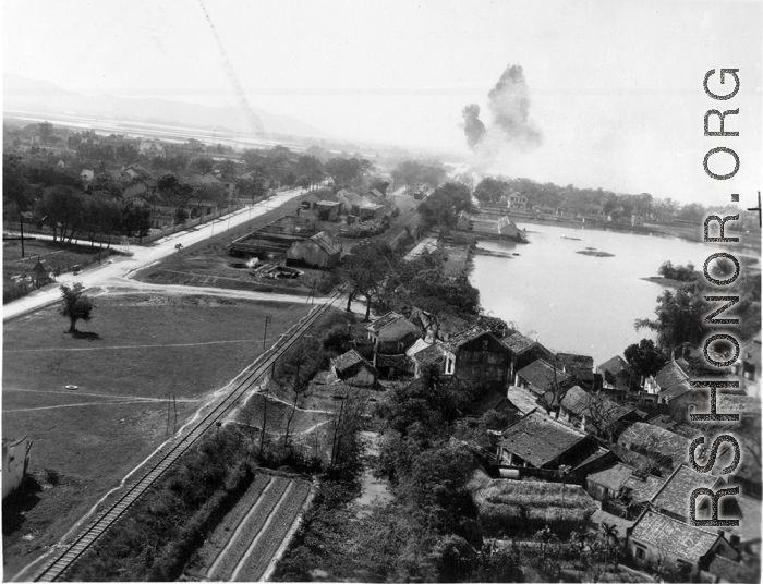 Bombing on Phu Lang Thuong railway bridge over the Thuong River at Bắc Giang City in French Indochina (Vietnam), during WWII. In northern Vietnam, and along a critical rail route used by the Japanese.  Coordinates:  21°16'32.69"N 106°11'9.28"E