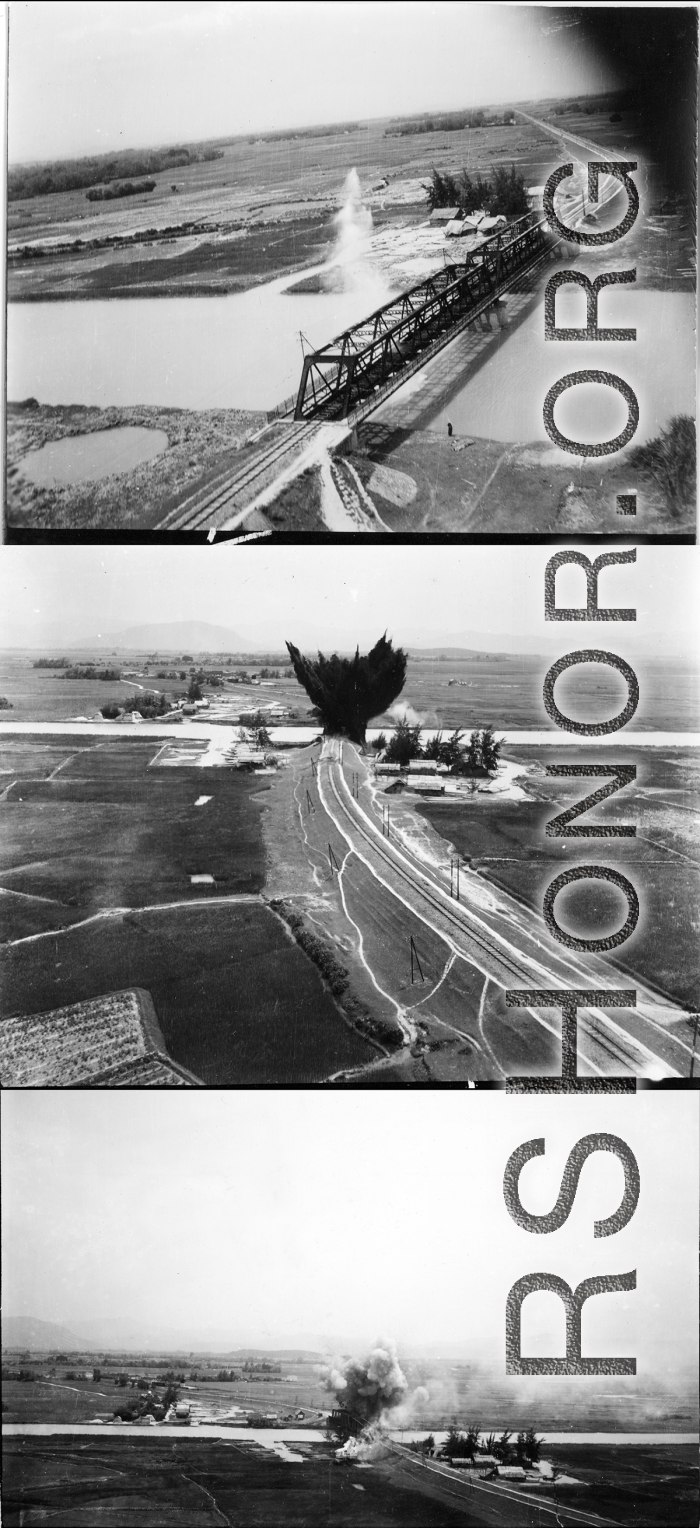 Bombing on a small rail bridge in French Indochina (Vietnam), during WWII.