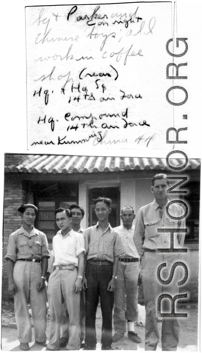 Sgt. Parker and staff of coffee shop (in rear), near Kunming, China, 1944.