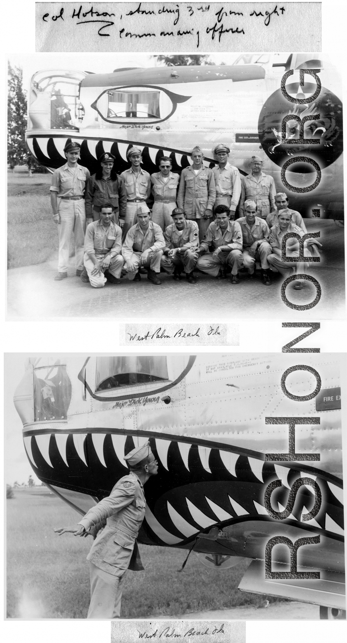 Colonel William D. Hopson and crew with their shark-teeth painted B-24; kissing the plane. At Palm Beach, Florida, after safe return to the US post-war. B-24 serial #44-51040. Painted under the nose window, "Maj. Dick Young," which may refer to Richard B. Young, who was in the original cadre, navigator of #42-40062  "FIVE BY FIVE." (Thanks metteor51.)