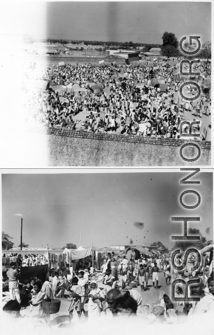 Large, busy market.  Scenes in India witnessed by American GIs during WWII. For many Americans of that era, with their limited experience traveling, the everyday sights and sounds overseas were new, intriguing, and photo worthy.