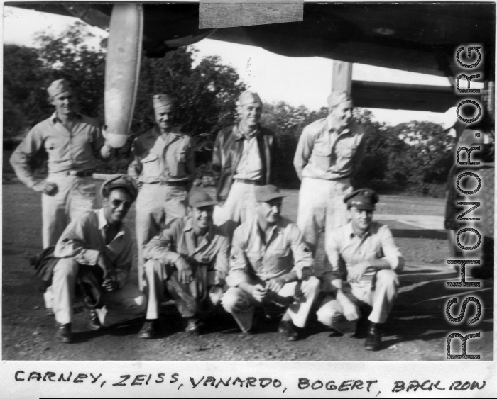 B-24 bomber crew in the India during WWII.  Back row: Carney, Zeiss, Vanardo, Bogert.  Front row: Bob Latns (3rd from left).