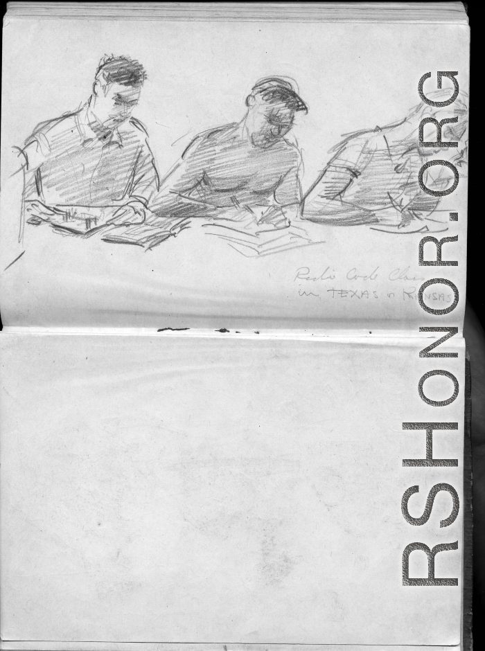 The wartime notebook of S/Sgt. Tom L. Grady. In his notebook, as a talented and curious young artist while in the CBI, he recorded scenes and vignettes that he saw in his life. He also recorded names and contact info for the people he met.  "Radio code class in Texas or Kansas."