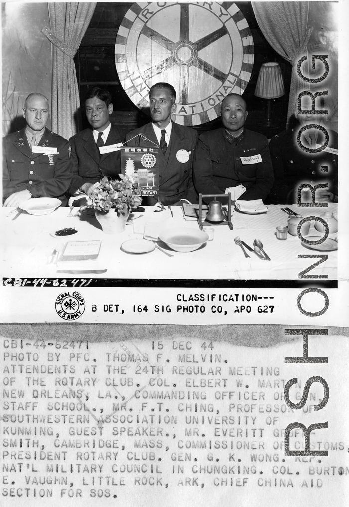 VIPs at Southwestern Association University Of Kunming, Yunnan Province, on December 15, 1944.   Photo by Pfc. Thomas F. Melvin.