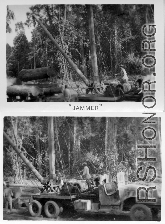 797th Engineer Forestry Company in Burma, loading sections for milling for bridge building along the Burma Road.  During WWII.