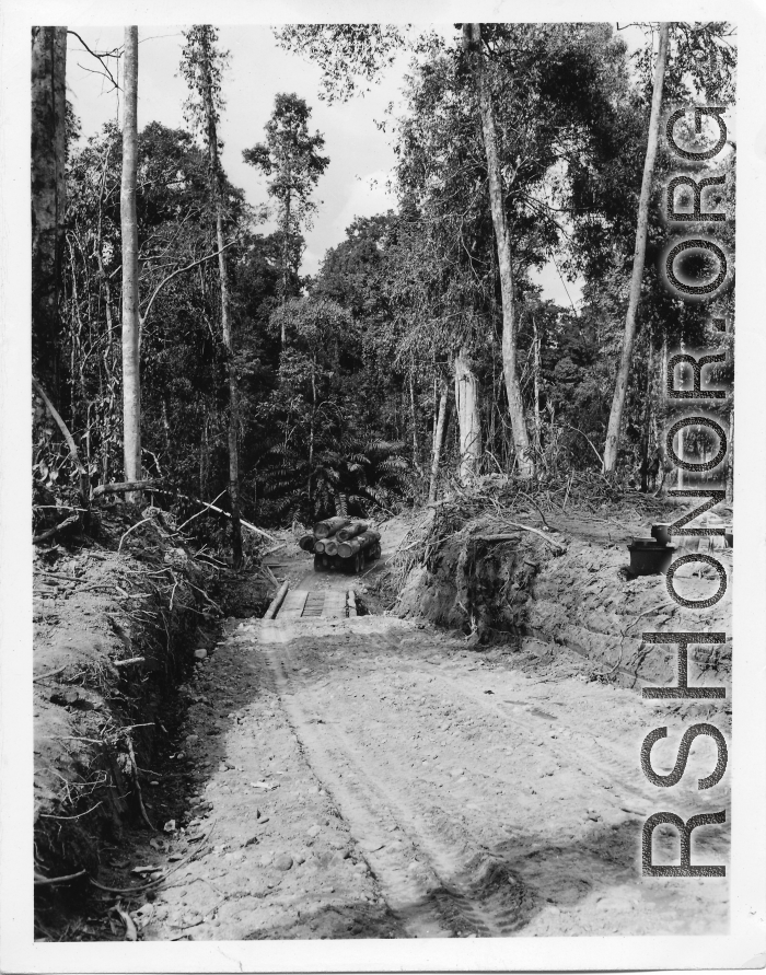 797th Engineer Forestry Company in Burma, hauling logs for milling for bridge building along the Burma Road.  During WWII.