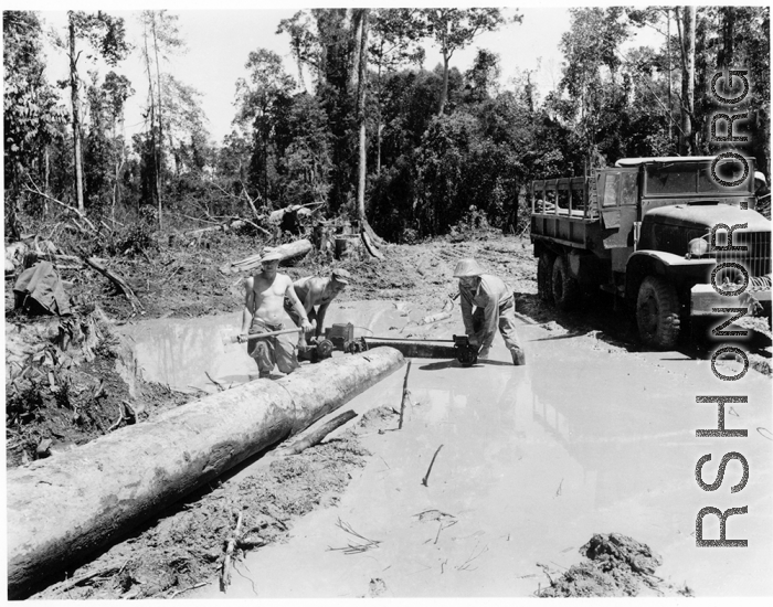 GIs cutting bucking downed trees in Burma for lumber mill.  During WWII.  797th Engineer Forestry Company.