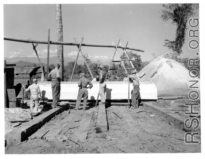 Operations of a lumber mill of the 797th Engineer Forestry Company in Burma.  During WWII.