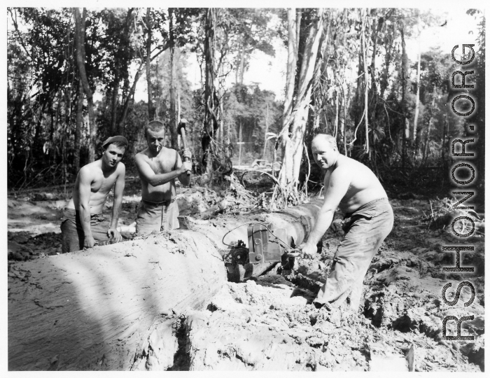 GIs cutting bucking downed trees in Burma for lumber mill.  During WWII.  797th Engineer Forestry Company.