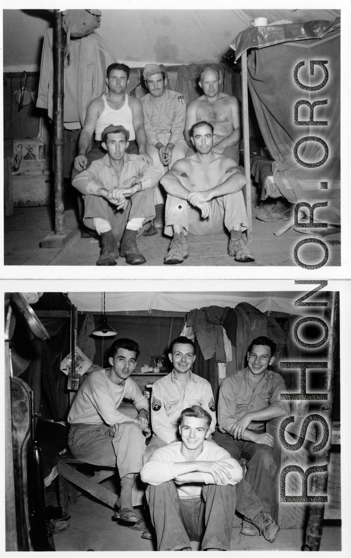 Engineers of the 797th Engineer Forestry Company pose in their barracks/tent in Burma.  During WWII.