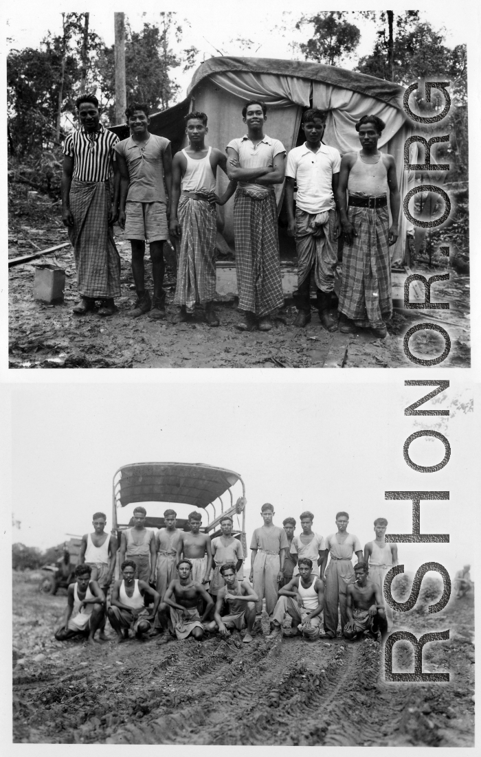 Men posing in Burma or India.  Near the 797th Engineer Forestry Company.  During WWII.