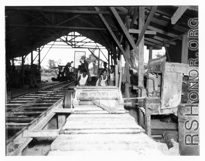 Operations of a lumber mill of the 797th Engineer Forestry Company in Burma.  During WWII.