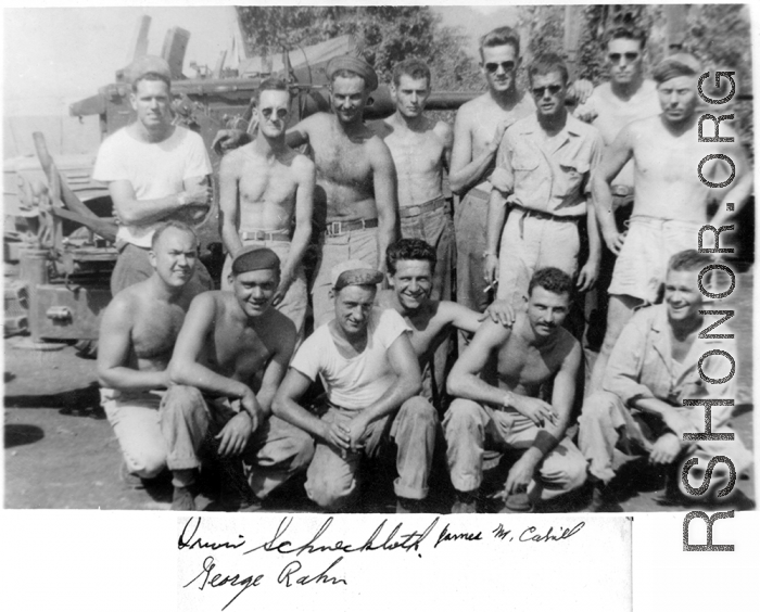 2005th Ordnance Maintenance Co. GIs with Anti-Aircraft gun--which them maintained as a part of their role in ordnance maintenance.  "Irwin Schneckloth, James M. Cahill, George Rahn."