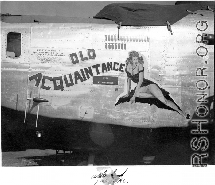 The B-24 "Old Acquaintance", serial no. 44-40826, in the CBI during WWII.  Selig Seidler was a member of the 16th Combat Camera Unit in the CBI during WWII.