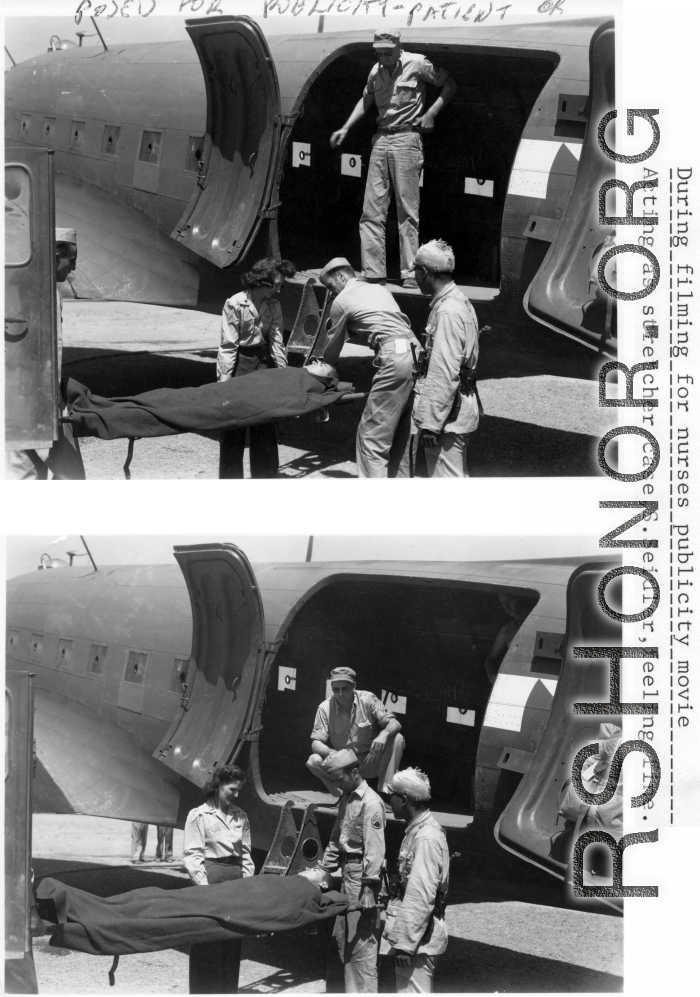 Selig Seidler plays patient being loaded into or out of a C-47 transport in a publicity movie:"During filming for nurses publicity move. Acting as stretcher case, S. Seidler, feeling fine."