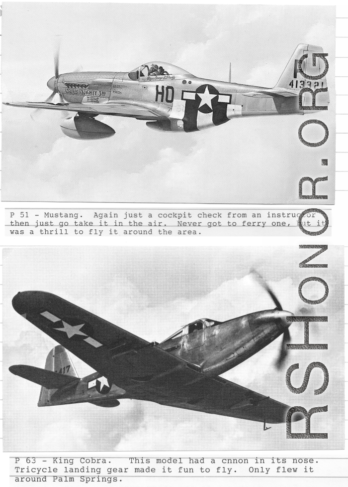 Aircraft flown by Richard D. Harris during WWII-- P-51 Mustang and P-63 King Cobra.