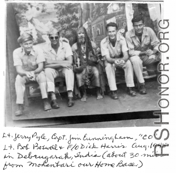 ATC flyers pose with fakir at Dibrugarh, India, during WWII, in August 1945.  Left to right:      Lt. Jerry Pyle, Capt     Jim Cunningham     CO Lt. Bob Boswell     F/O Dick Harris