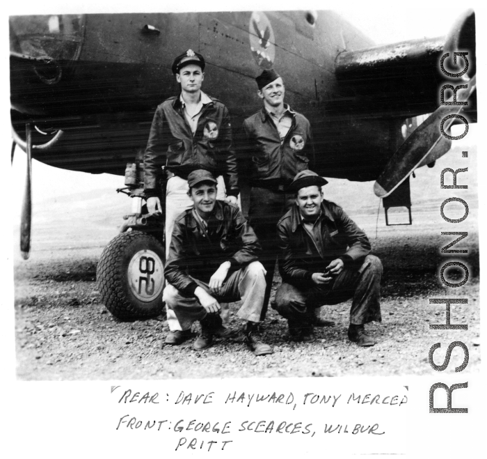 Flyers with their B-25 at Chakulia, India, in 1943.  Rear: Dave Hayward, Tony Mercep.  Front: George Scearce, Wilber Pritt.  22nd Bombardment Squadron, in the CBI.