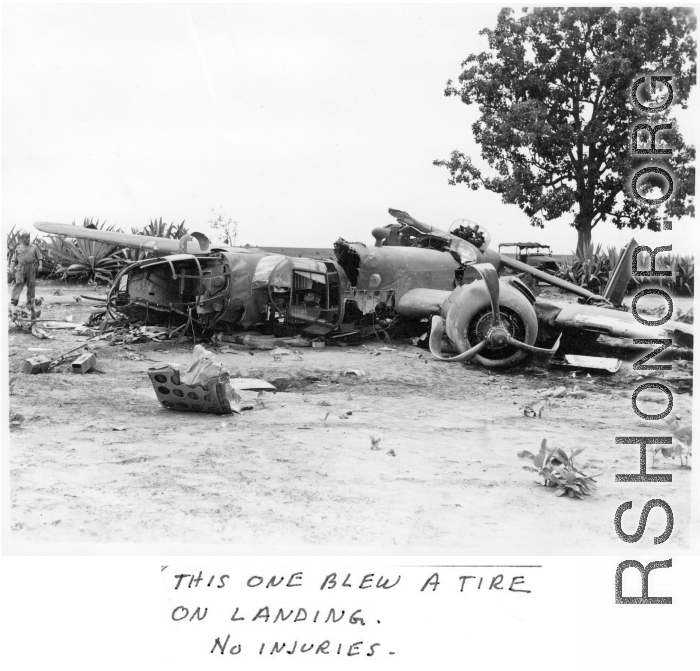 "This one blew a tire on landing. No injuries."  Wrecked B-25 MItchell.  22nd Bombardment Squadron, in the CBI.