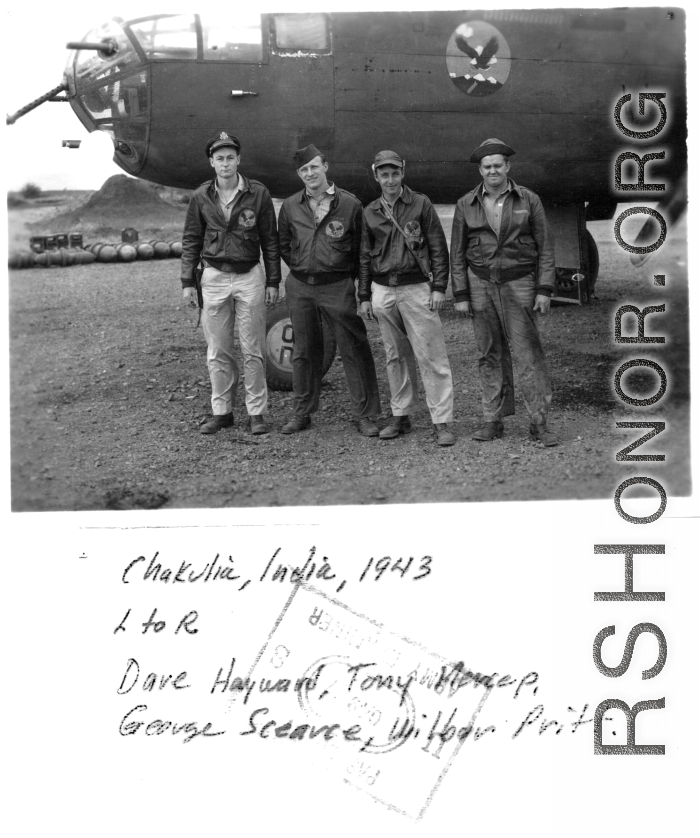 Flyers with their B-25 at Chakulia, India, in 1943.  Dave Hayward, Tony Mercep, George Scearce, Wilber Pritt.  22nd Bombardment Squadron, in the CBI.