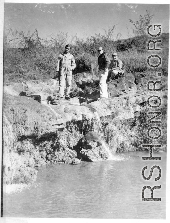 American flyers explore at Zhanyi, Yunnan, China, during WWII,.