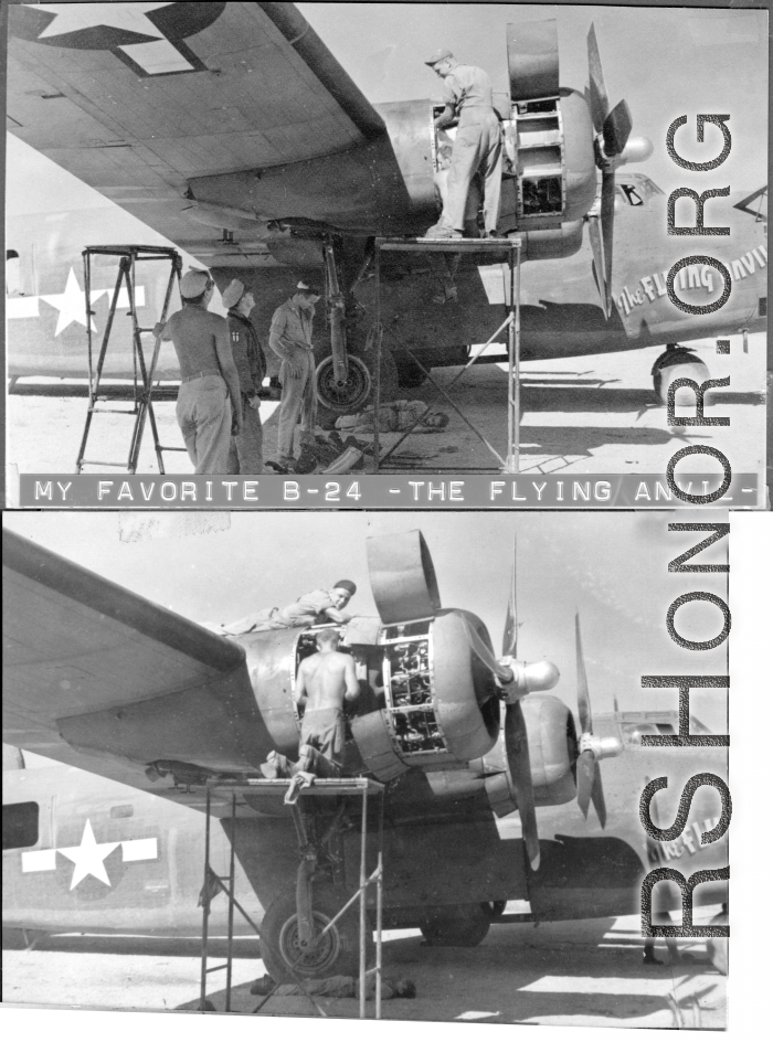 Engine maintenance F-7A/B-24 "The FLYING ANVIL." At Chanyi (Zhanyi), China.  Note the engineer getting a few minutes of rest on the concrete, in the shade below the wing.  24th Combat Mapping Squadron, 8th Photo Reconnaissance Group, 10th Air Force.