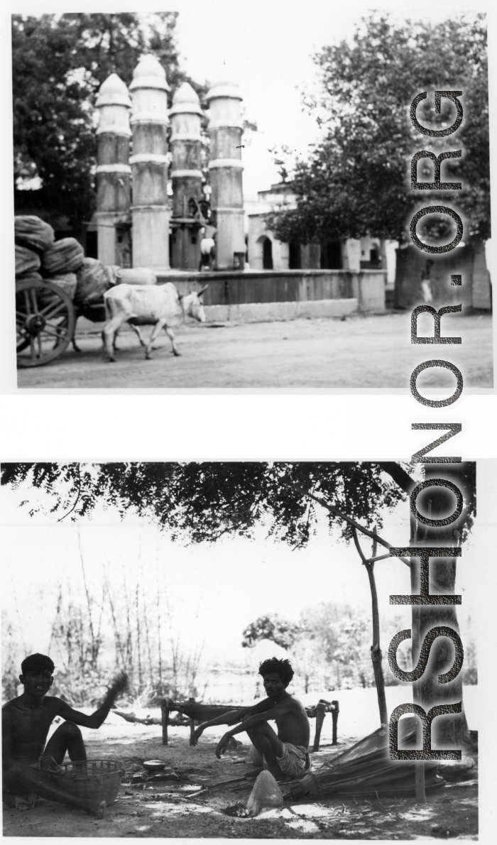 Man pulls water up from well (top), and men work metal with hand bellows (bottom).  Scenes in India witnessed by American GIs during WWII. For many Americans of that era, with their limited experience traveling, the everyday sights and sounds overseas were new, intriguing, and photo worthy.
