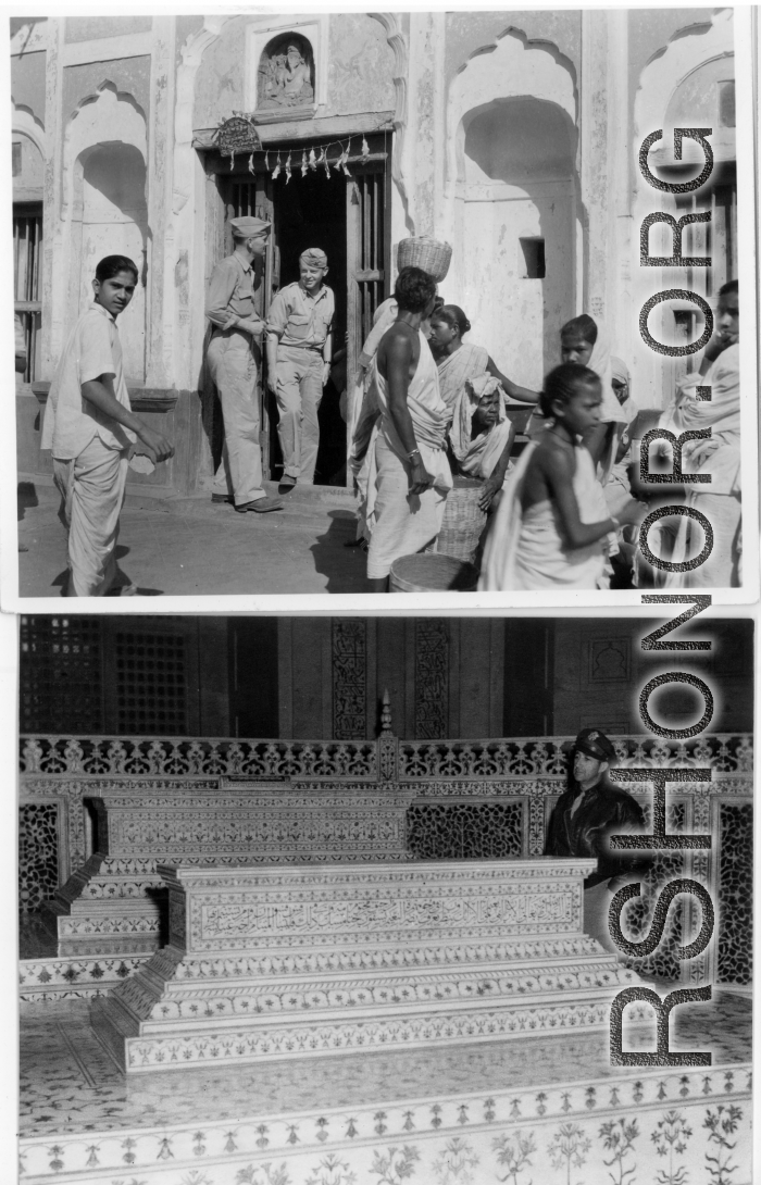 GIs explore street and shops (top), and GI visits mausoleum at Humayun Tomb.  Scenes in India witnessed by American GIs during WWII. For many Americans of that era, with their limited experience traveling, the everyday sights and sounds overseas were new, intriguing, and photo worthy.