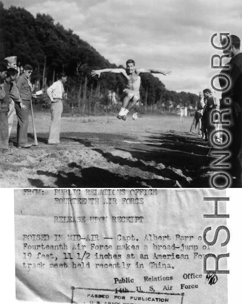 Capt. Albert Parr of the Fourteenth Air force makes a broad-jump at an American Forces track meet held in China during WWII.