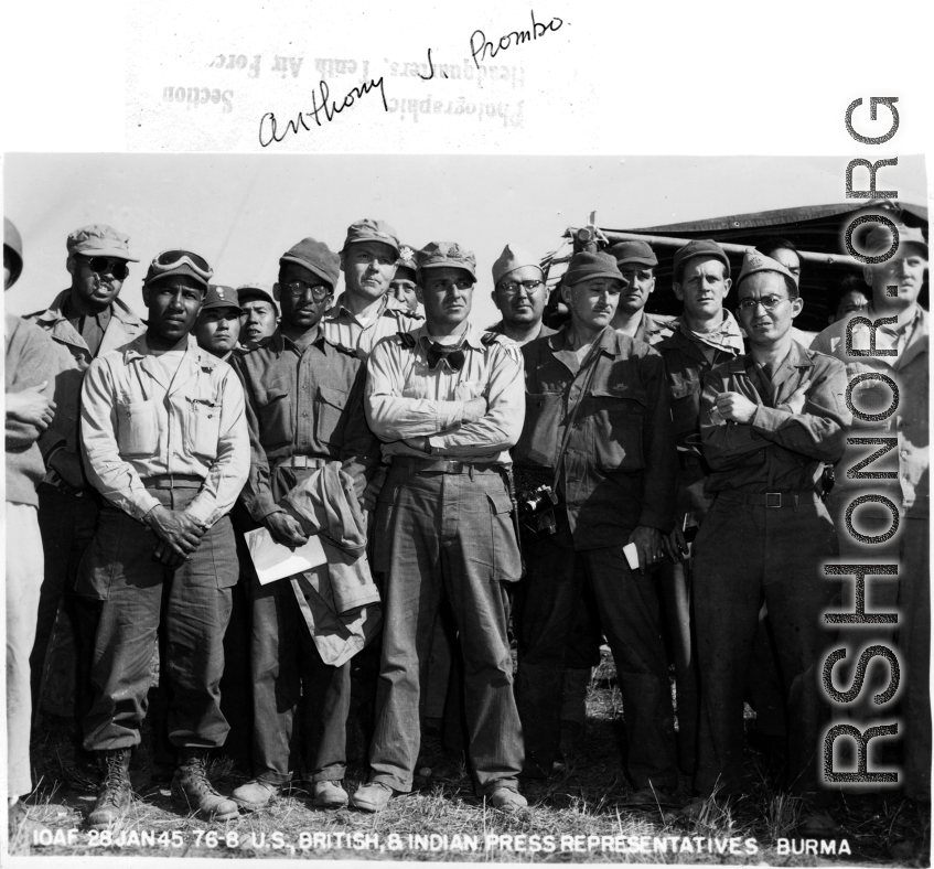 US, British, & Indian press representatives, in Burma. WWII. Note the African-American GIs on the left, likely to be drivers or other support staff.