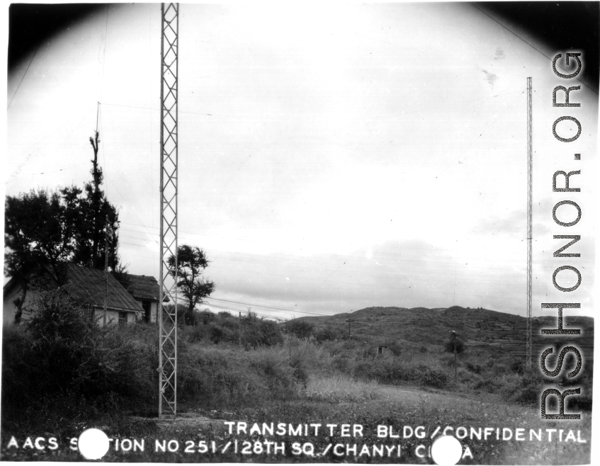  Transmitter building and antennas. AACS Sta. No. 251, 128th Squadron, Chanyi, China.